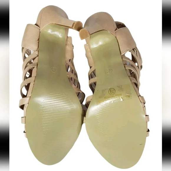 Nude Tan Beige Cutout Strappy Heels Women Size 7.5 Open Toe Shoes Side Zipper - Picture 10 of 11